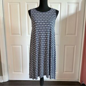 LOFT Outlet Navy Blue and White Block Print Stretch Sleeveless Swing Dress